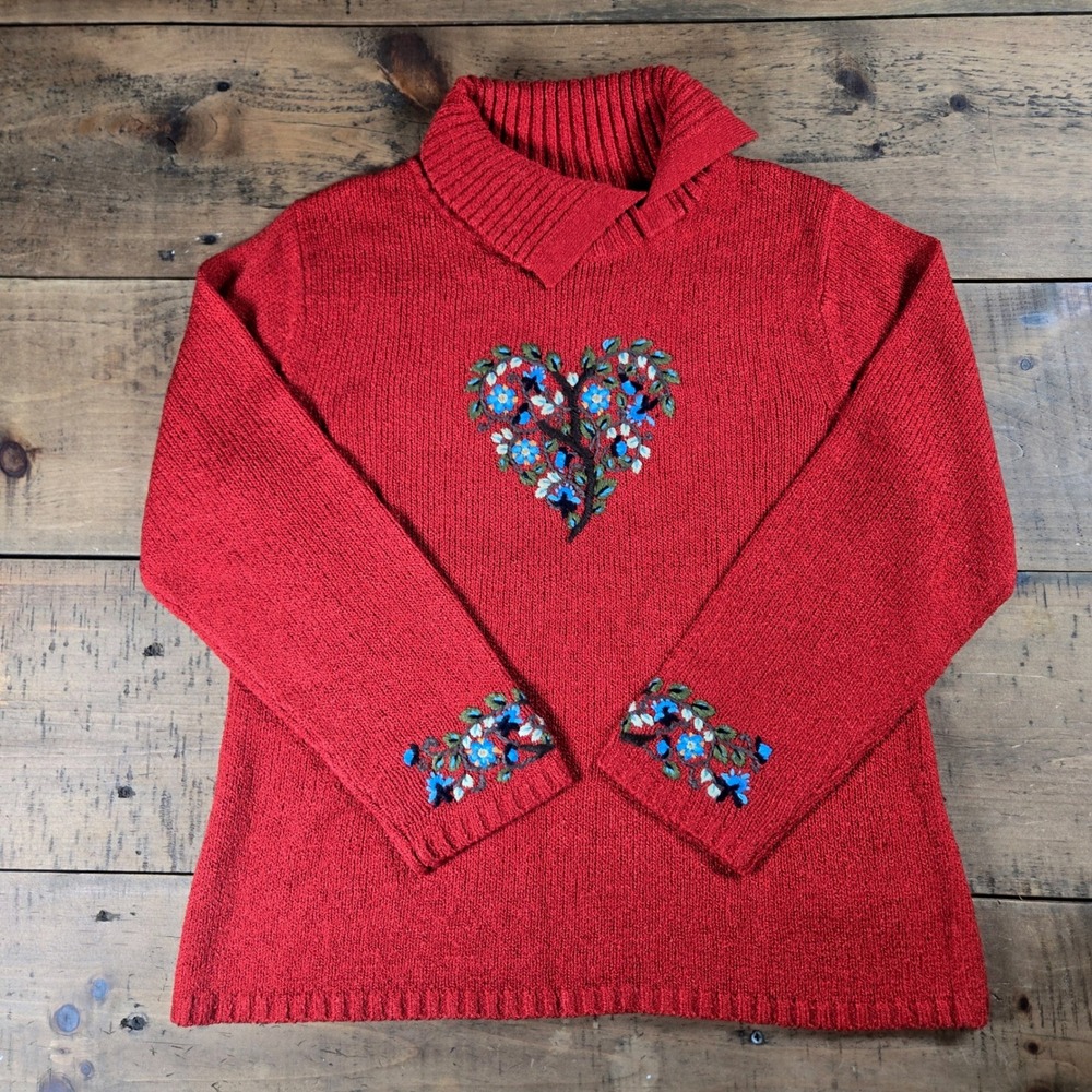 Coldwater Creek Red Embroidered Heart Floral Split Turtleneck Sweater Large